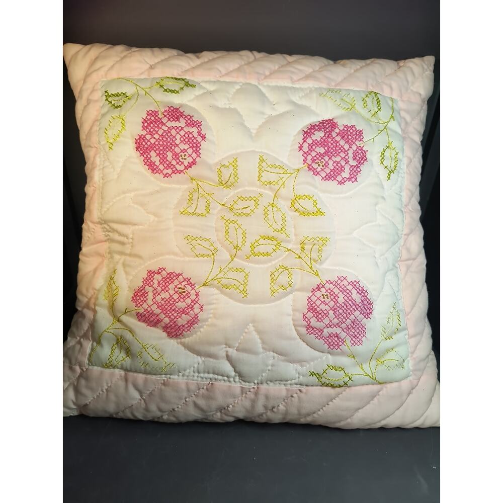 1268.  Cross Stitched Vintage Toss Pillow Pink White